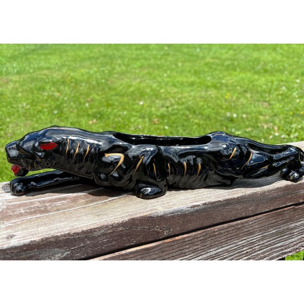 Mid-Century Modern Porcelain Black Panther Planter Sculpture